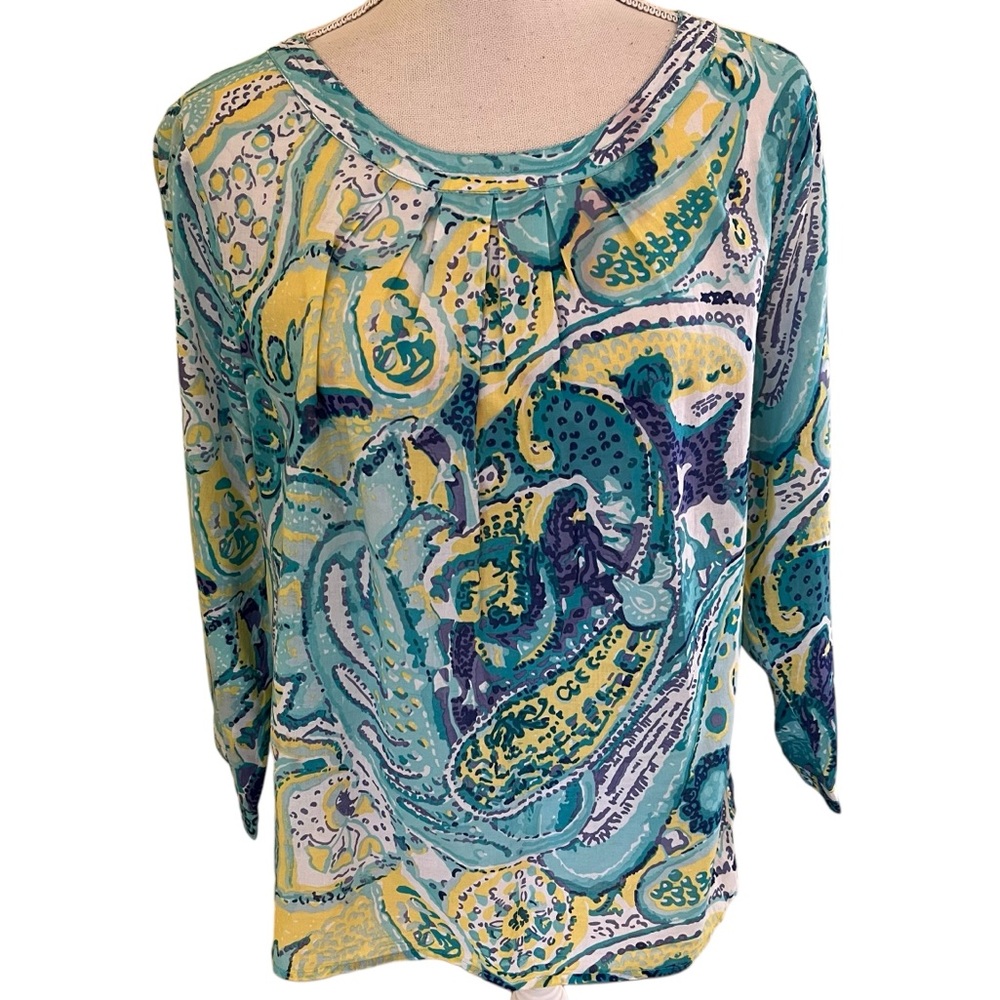 Talbots Aqua/Blue/Yellow Paisley Print Cotton Woven Blouse 16P
